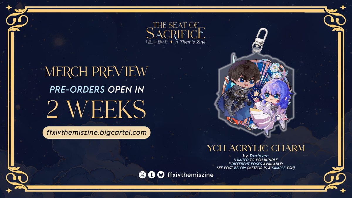 🌒 MERCH REVEAL

Exclusive to only 10 bundles comes an exclusive YCH charm of your character and Themis by our Co-Lead <a href="/_trarioven_/">Trarioven River - Metaphor take my life</a>! This charm is unique to our YCH bundle - check the post below for poses you can choose 👇

Pre-orders are opening on June 22nd, 12pm PT ✨