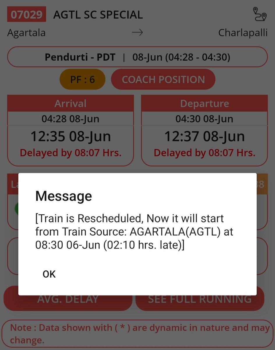 gntrailusersasn's tweet photo. Update No. 35/2025 dated 08.06.2025

Train No. 07029 Agartala-Charlapalli Special Express, which is scheduled to depart from Guntur at 12:15 hours today, is rescheduled &amp; departed from Agartala with a delay of 02:10 hours.

It is currently running late by 08:00 hours. https://t.co/zGOQ9qDuw8