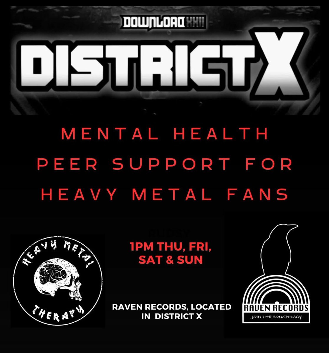 Heavy Metal Therapy (@heavytherapy) on Twitter photo The schedule is out now for <a href="/DownloadFest/">Download Festival</a> at the Raven Records pop up in District X (we’re in the bit you can get in with a day ticket).
We’re holding out Peer support groups at 1pm each day.
Can't wait to see you there.
#DOWNLOAD #MentalHealth #music #peersupport #hmt The schedule is out now for <a href="/DownloadFest/">Download Festival</a> at the Raven Records pop up in District X (we’re in the bit you can get in with a day ticket).
We’re holding out Peer support groups at 1pm each day.
Can't wait to see you there.
#DOWNLOAD #MentalHealth #music #peersupport #hmt