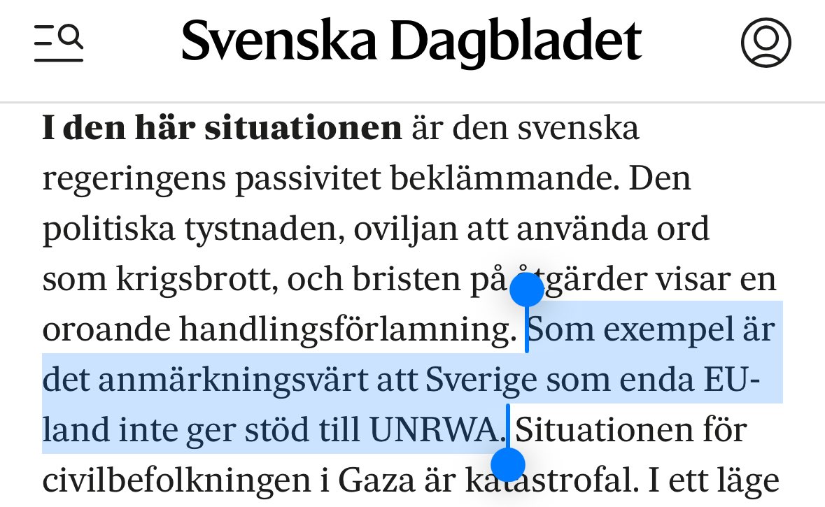 Magdalena Andersson skriver i SvD. Hon fortsätter att sprida den lögn som hennes eget parti drog igång och som okritiskt har plockats upp av en rad journalister. Nämligen att Sverige skulle vara det enda EU-land som inte ger stöd till Unrwa. Detta är lögn. 

Sanningen är: Fem