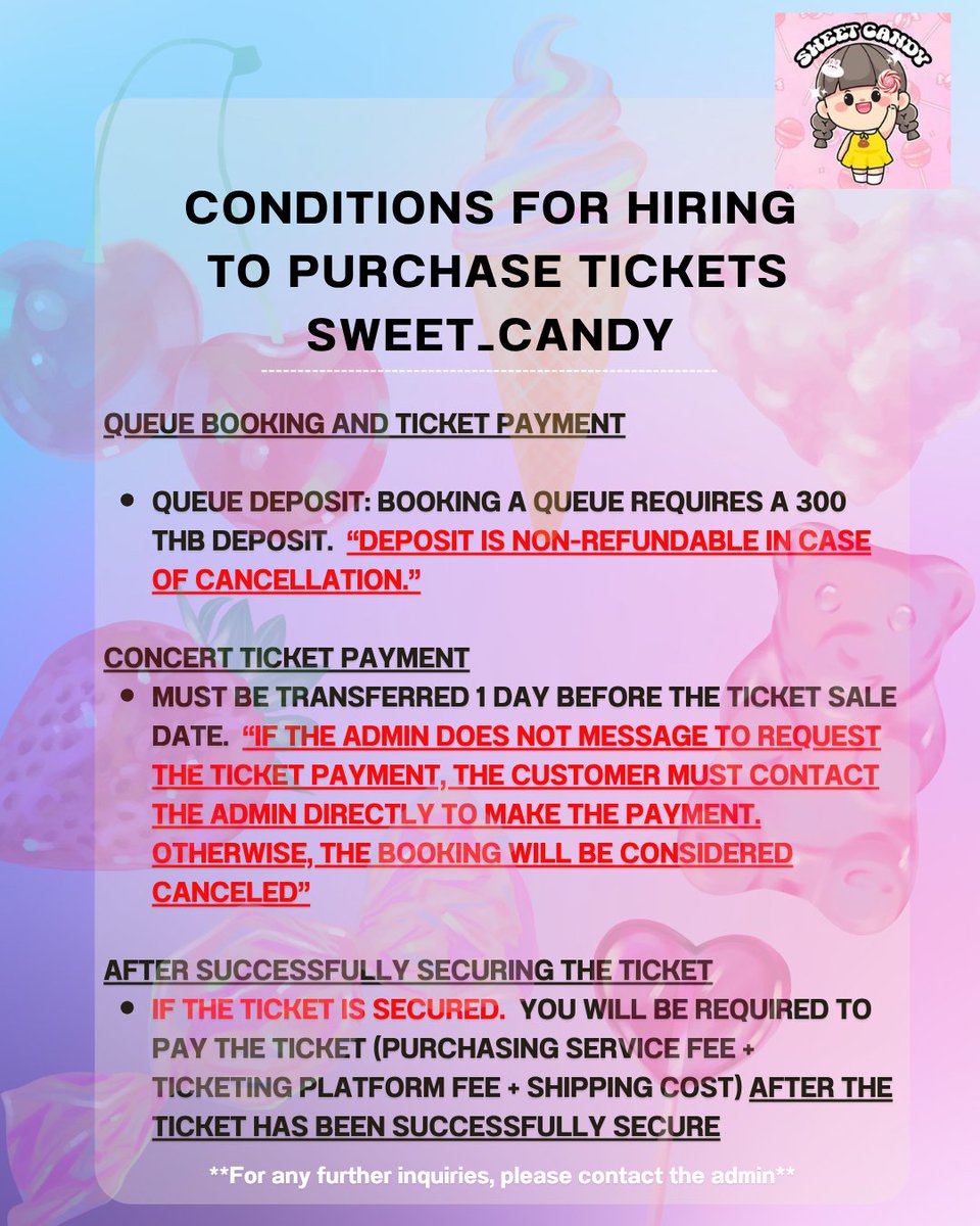 Sweet_Candy_JS's tweet photo. มีการปรับเงื่อนไขเข้ามานิดหน่อยนะคะ ลูกค้าที่สนใจจ้างกดบัตรสามารถอ่านข้อมูลได้เลยค่า หากสงสัยตรงไหนสอบถามแอดมินเพิ่มเติมได้เลยค่า 
There have been a few updates to the terms. Customers who are interested in hiring us to purchase tickets can read through the details below. If you https://t.co/NrQyOVgwjN