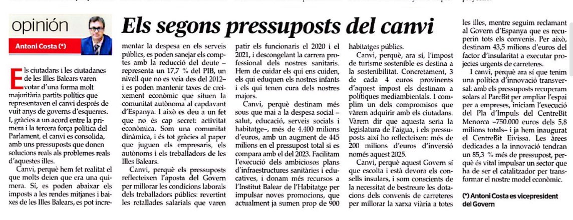 PP Balears (@ppbalears) on Twitter photo “Hem fet realitat el que molts deien que era una quimera. Sí, es poden abaixar els imposts a les rendes mitjanes i baixes, es pot incrementar la despesa en els serveis públics i es poden sanejar els comptes amb la reducció del deute”
✍🏻 Tribuna del vicepresident <a href="/a_costacosta/">Toni Costa</a> a “Hem fet realitat el que molts deien que era una quimera. Sí, es poden abaixar els imposts a les rendes mitjanes i baixes, es pot incrementar la despesa en els serveis públics i es poden sanejar els comptes amb la reducció del deute”
✍🏻 Tribuna del vicepresident <a href="/a_costacosta/">Toni Costa</a> a