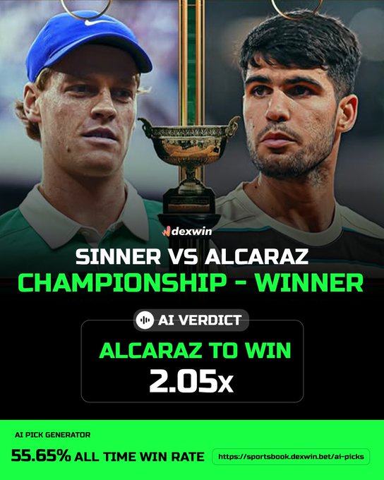 Roland Garros French Open Tennis Predictions, Betting Lines & Odds - June 8, 2025

🏆 MEN’S SINGLES FINAL 🏆 

✅ JANNIK SINNER vs CARLOS ALCARAZ  ✅ 

Follow @DexWin_Sports for the best Tennis betting odds, Tennis betting picks and Roland Garros Tennis predictions daily 🎾