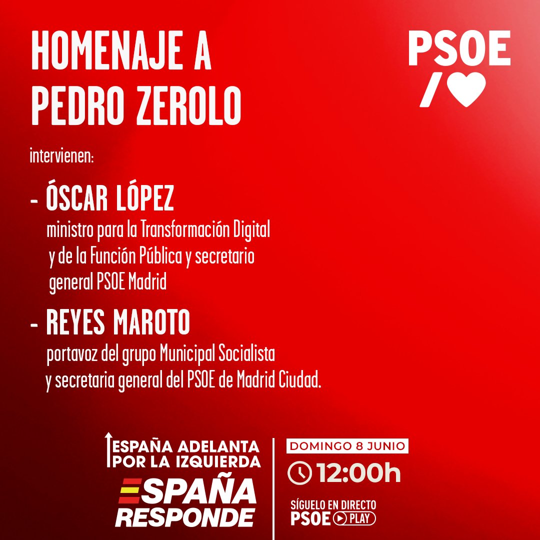 PSOE (@psoe) on Twitter photo ☕️ ¡Buenos días!
📢 No te pierdas hoy el homenaje a Pedro Zerolo.
📌 Desde Madrid .
⏲️ A partir de las 12.00h.
Intervienen:
<a href="/oscarlopeztwit/">Oscar López Agueda</a>
<a href="/MarotoReyes/">Reyes Maroto</a>
📲 Síguelo en directo a través de #PSOEPlay. ☕️ ¡Buenos días!
📢 No te pierdas hoy el homenaje a Pedro Zerolo.
📌 Desde Madrid .
⏲️ A partir de las 12.00h.
Intervienen:
<a href="/oscarlopeztwit/">Oscar López Agueda</a>
<a href="/MarotoReyes/">Reyes Maroto</a>
📲 Síguelo en directo a través de #PSOEPlay.
