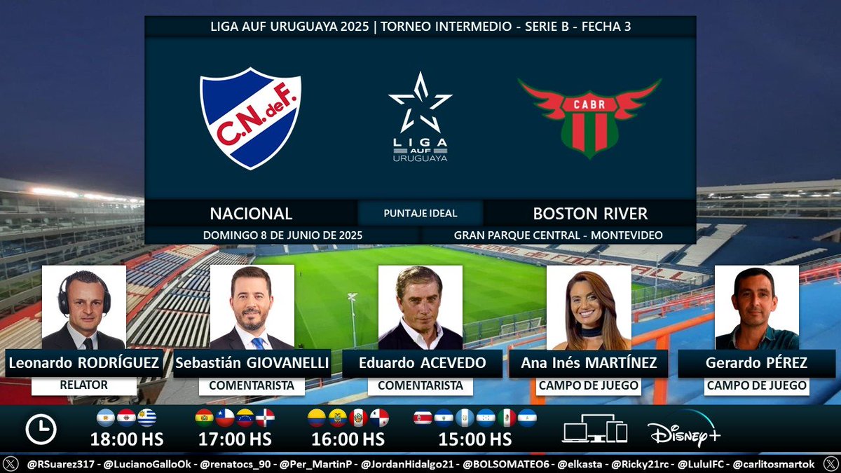 Puntaje Ideal (@puntaje_ideal) on Twitter photo ⚽ #IntermedioAUF 🇺🇾 | #Nacional vs. #BostonRiver
🎙 Relator: <a href="/LeoRodriguez82/">Leo Rodríguez</a>
🎙 Comentaristas: <a href="/SebasGiovanelli/">Sebas Giovanelli</a> - Eduardo Acevedo
🎙 Campo de juego: <a href="/AnaInesMartinez/">A. Inés Martínez</a> - <a href="/_gerperez/">Gerardo Pérez</a>
💻📱 <a href="/disneyplusla/">Disney+ Latinoamérica</a> Latinoamérica
🤳 #LigaAUFuruguaya - #AUF - #DisneyPlus
Dale RT 🔃 ⚽ #IntermedioAUF 🇺🇾 | #Nacional vs. #BostonRiver
🎙 Relator: <a href="/LeoRodriguez82/">Leo Rodríguez</a>
🎙 Comentaristas: <a href="/SebasGiovanelli/">Sebas Giovanelli</a> - Eduardo Acevedo
🎙 Campo de juego: <a href="/AnaInesMartinez/">A. Inés Martínez</a> - <a href="/_gerperez/">Gerardo Pérez</a>
💻📱 <a href="/disneyplusla/">Disney+ Latinoamérica</a> Latinoamérica
🤳 #LigaAUFuruguaya - #AUF - #DisneyPlus
Dale RT 🔃