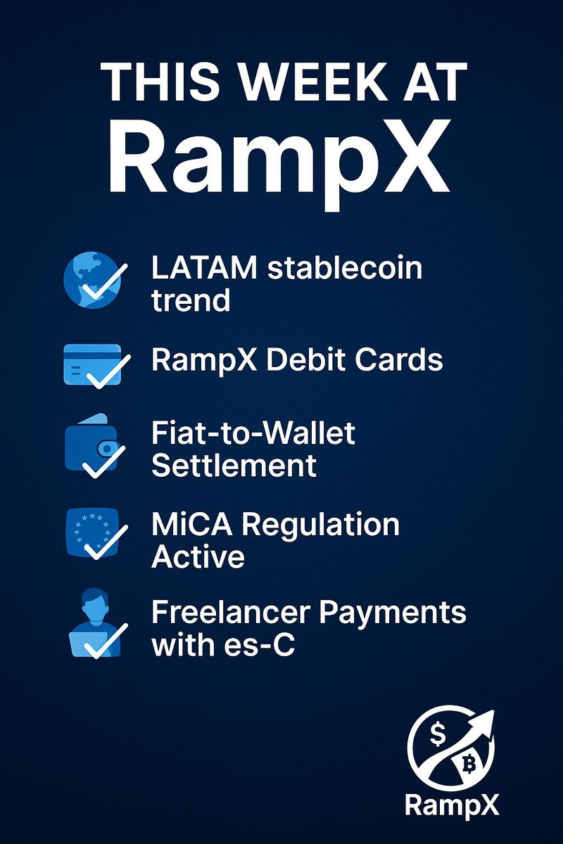 rampx_finance's tweet image. 🧵 This week at @RampX_Finance:\n1️⃣ LATAM stablecoin trend\n2️⃣ Debit Cards 💳\n3️⃣ Fiat-to-wallet settlement\n4️⃣ MiCA regulation ⚖️\n5️⃣ Freelance payment use case
Missed it? Read: rampx.finance
#RampX #Web3Recap #CryptoWeek #esCurrencies #Stablecoins