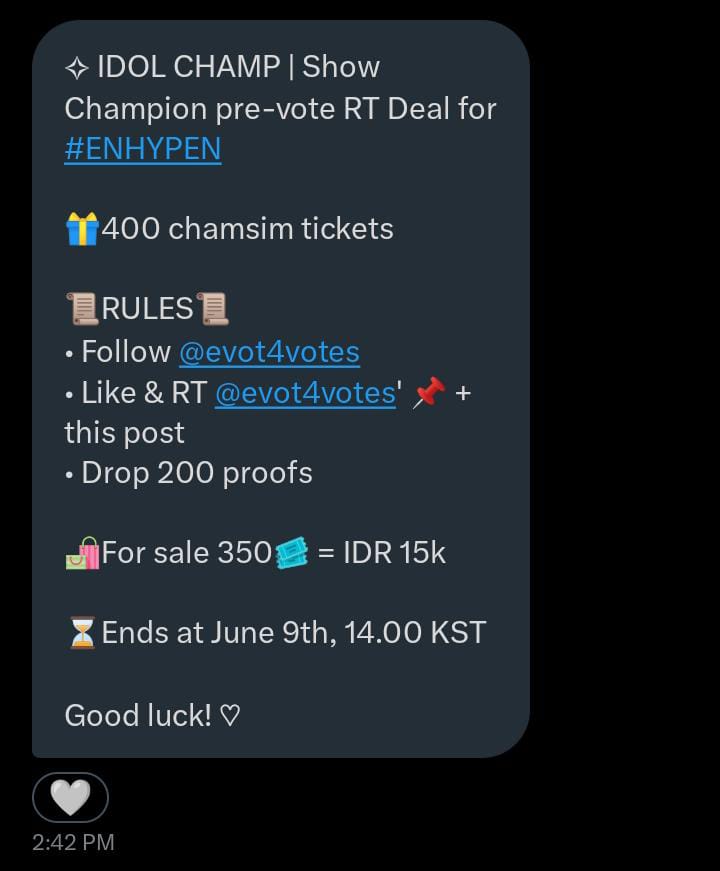 𝒇𝒓𝒐𝒘𝒔 ݁ 𝒋𝒂𝒚𝒑𝒓𝒊𝒍 ˖⚘ (@earthofrows) on Twitter photo ✧ IDOL CHAMP | Show Champion pre-vote RT Deal for #ENHYPEN
🎁400 chamsim tickets
📜RULES📜
• Follow <a href="/evot4votes/">evot4votes</a>
• Like & RT <a href="/evot4votes/">evot4votes</a>' 📌 + this post
• Drop 200 proofs
🛍For sale 350🎟️ = IDR 15k
⏳Ends at June 9th, 14.00 KST ✧ IDOL CHAMP | Show Champion pre-vote RT Deal for #ENHYPEN
🎁400 chamsim tickets
📜RULES📜
• Follow <a href="/evot4votes/">evot4votes</a>
• Like & RT <a href="/evot4votes/">evot4votes</a>' 📌 + this post
• Drop 200 proofs
🛍For sale 350🎟️ = IDR 15k
⏳Ends at June 9th, 14.00 KST