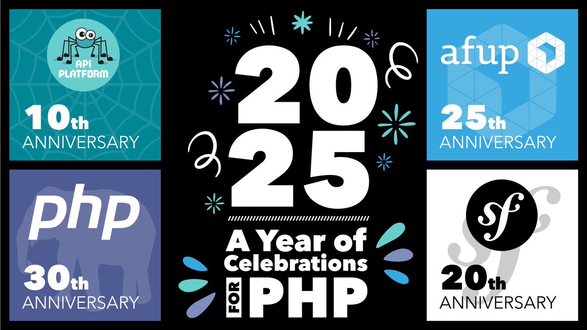 PHP turns 30 today! Here’s to three decades of powering the web 🎂

Don’t miss these 2025 events:
🕷️ #APIPlatformCon – September
🐘 <a href="/afup/">AFUP</a>’s #ForumPHP – October
🎻 #SymfonyCon Amsterdam – November

Celebrate this major milestone with us!