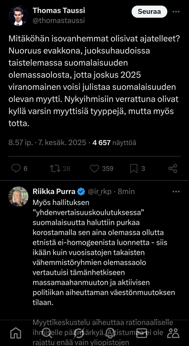 Tutkijoiden pitäisi käyttää barthesilaisesta "mythologie"-käsitteestä jotain muuta termiä kuin myytti. Se ymmärretään väärin, epätodeksi. Siitähän ei ole kyse.

Tosin persujen väärinymmärryksestä kumpuava närkästys on hyvin paljastavaa: avautuvat joukolla etnonationalismistaan.