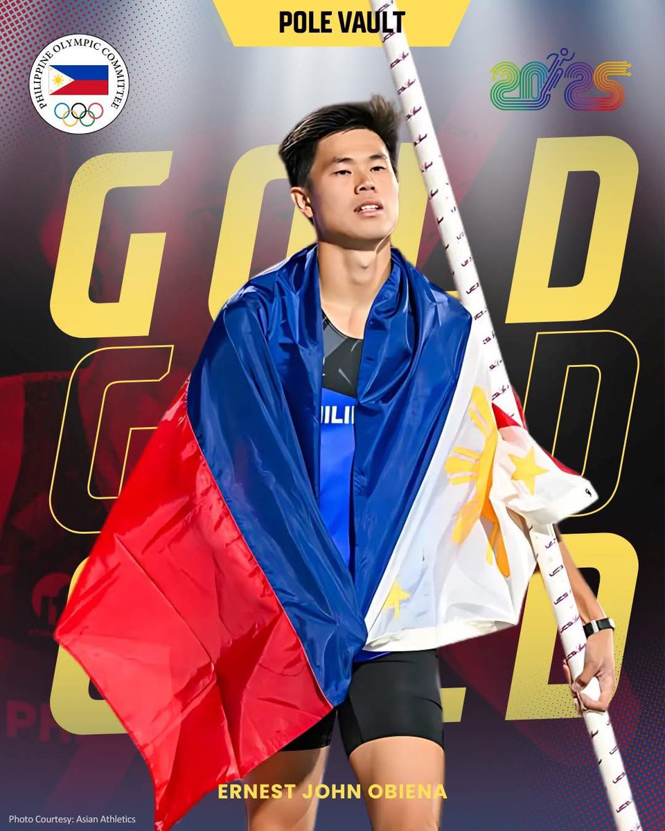TATLONG GINTO! 🇵🇭❤️

Nakuha ni Pinoy pole vaulter na si EJ Obiena ang ikatlong sunod na gold medal sa 2025 Asian Athletics Championships.

📷: POC