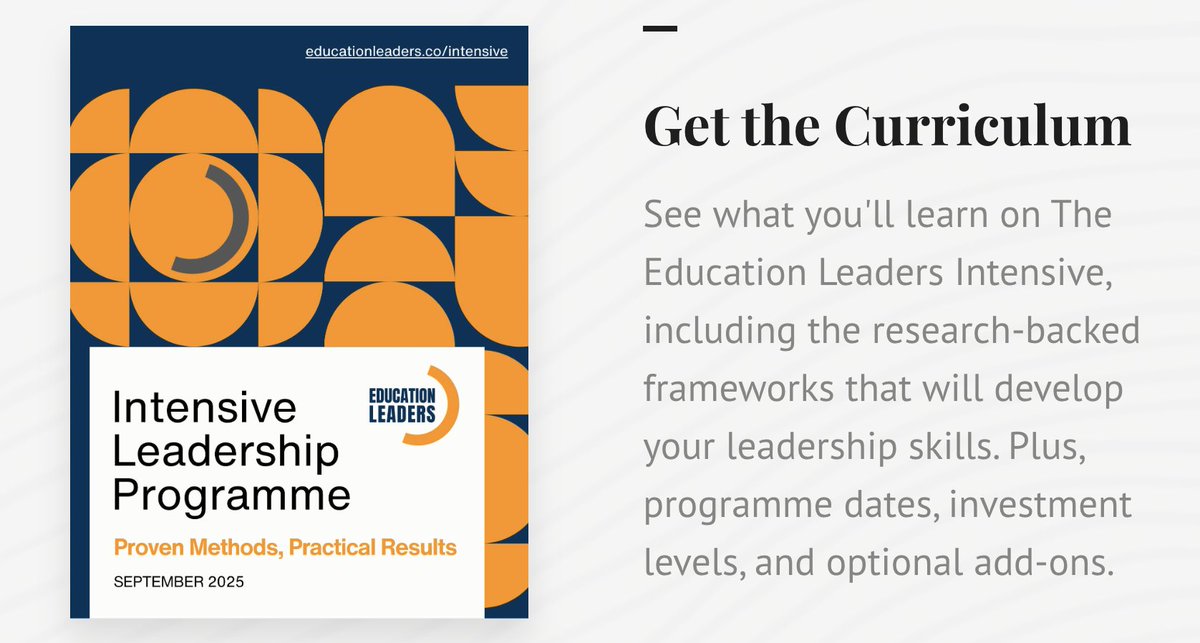 I've just released the complete curriculum for my September Intensive Leadership Programme.

Research-backed frameworks designed specifically for school leaders who want sustainable change.  

Download: intensive.educationleaders.co