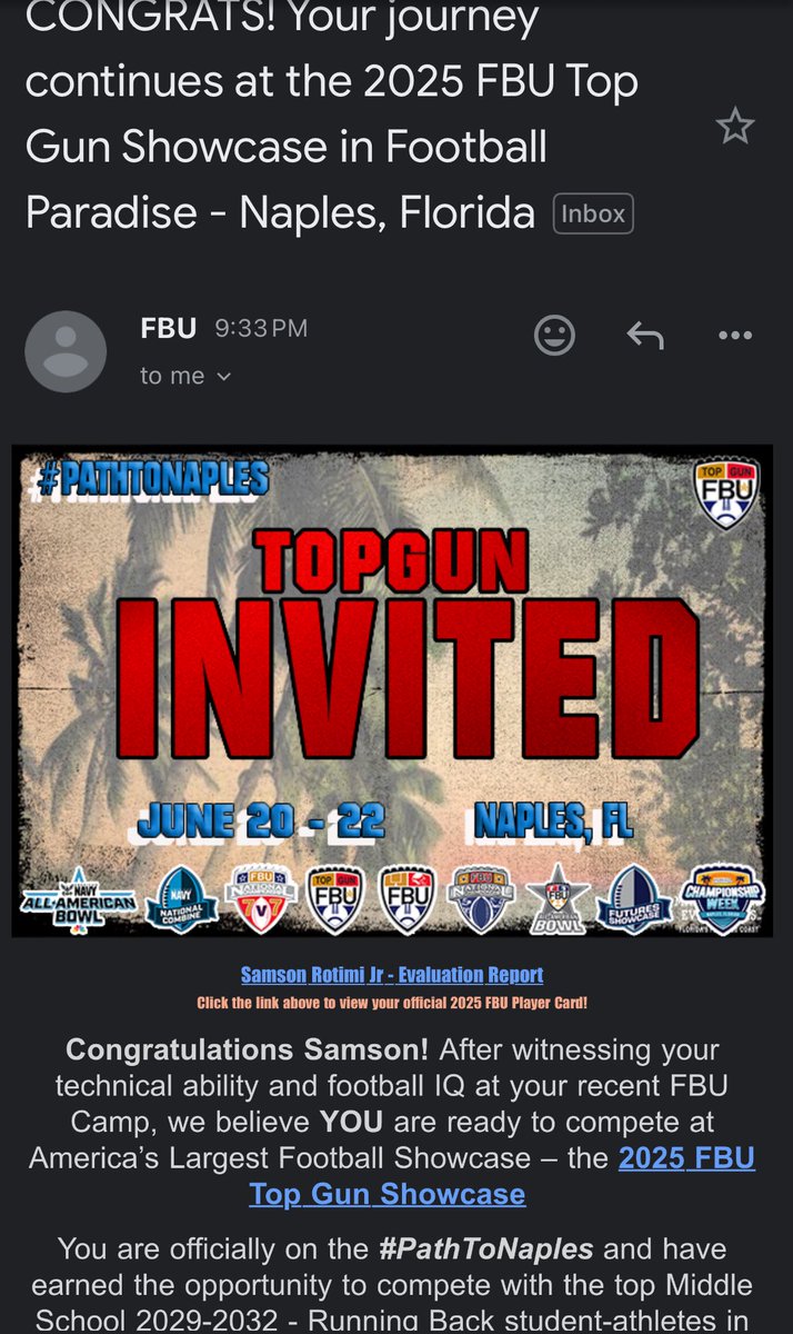 SamsonRotimiJr4's tweet image. Thankful &amp;amp; blessed to compete at the regional @FBUcamp. Punched my ticket to Top Gun &amp;amp; invitation to Florida National Showcase! Top Running back c/o 2029 AllAmerican watchlist @FBUAllAmerican  
@kjonesfbuaustin @joe_rauls  @CoachN_Sanchez @_CoachSamson