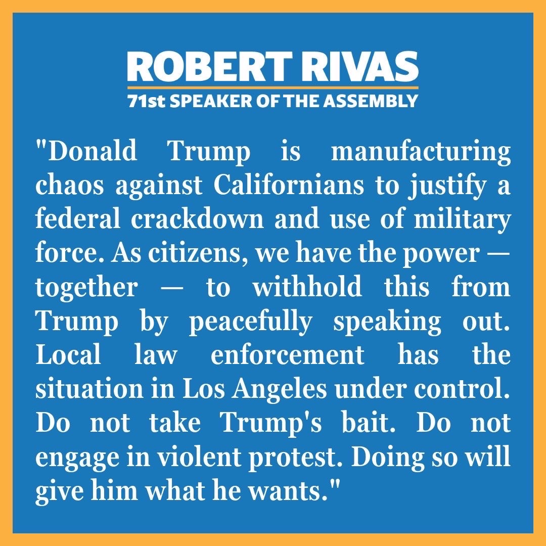 Statement from Speaker Robert Rivas on LA protests and President Trump’s threats: