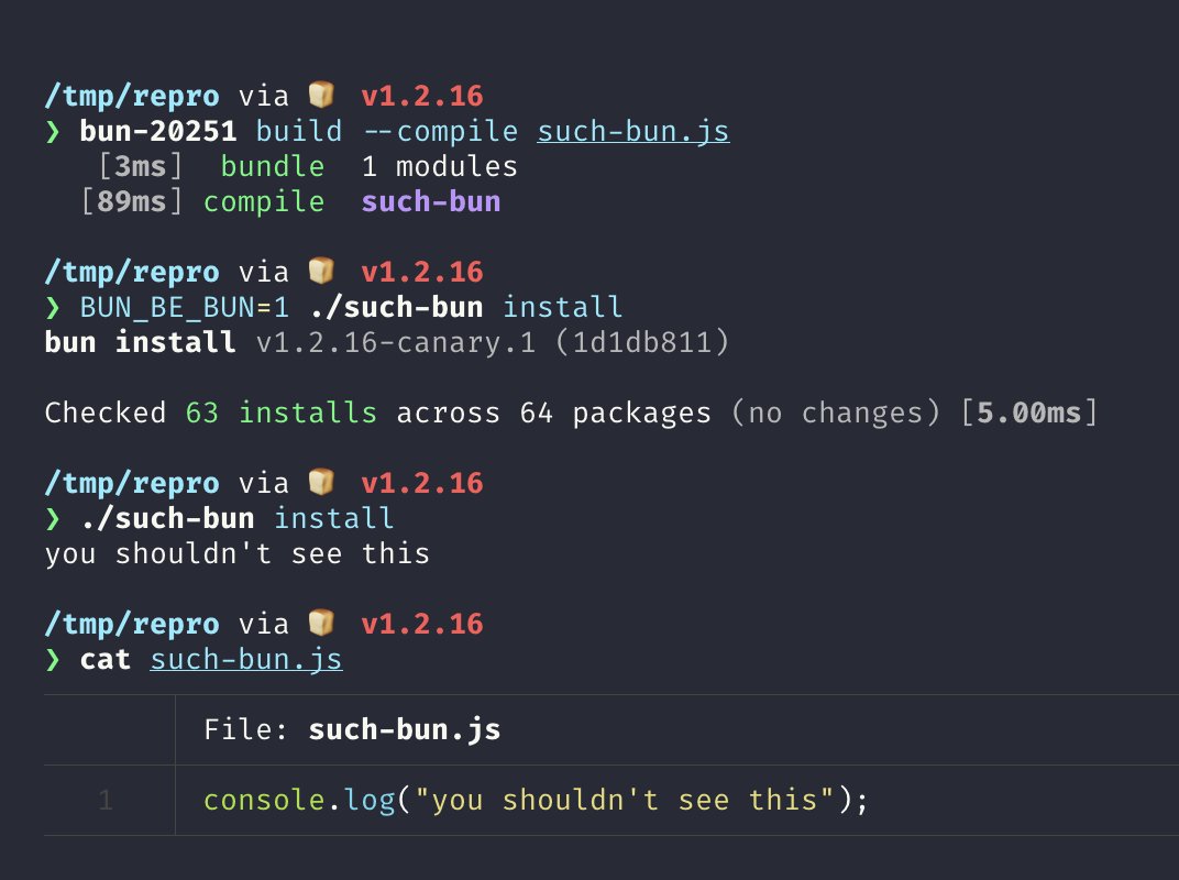 bunjavascript's tweet image. In the next version of Bun

Standalone executables can be bun with the `BUN_BE_BUN=1` env var, thanks to @thdxr.  This lets you use all the features of Bun&apos;s CLI in your standalone executable.