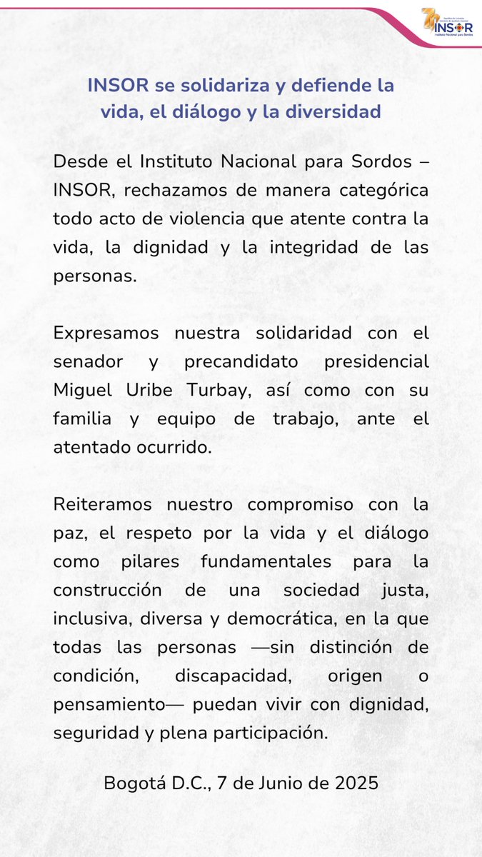 insorcolombia's tweet photo. El #Insor rechaza todo acto de violencia. Nuestra solidaridad con el Senador y precandidato presidencial @MiguelUribeT , su familia y equipo de trabajo. https://t.co/NZo9kcZOhO