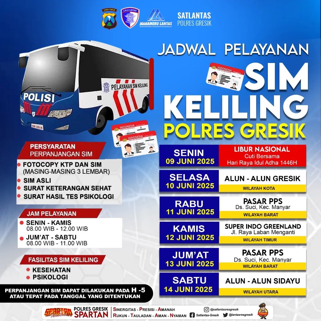 rovanmahenu's tweet image. Hallo Rekk!!
Jadwal Sim Keliling untuk pekan depan (9 Juni-14 Juni 2025) sudah keluar.
Catat tanggal dan lokasinya, ya!
Jangan sampai kelewatan, ya
#simkelilinggresik #gresik #satlantaspolresgresik
#polresgresik
@lantasresgresik @HumasGresik @infoGRESIK
