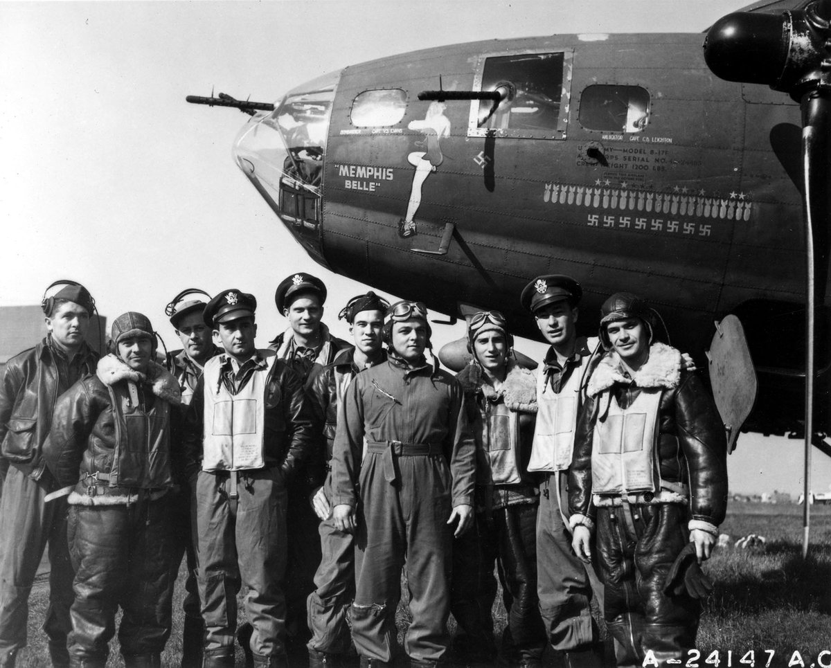 Crew of B-17F Flying Fortress bomber 'Memphis Belle' at an airbase in England, United Kingdom, 7 Jun 1943