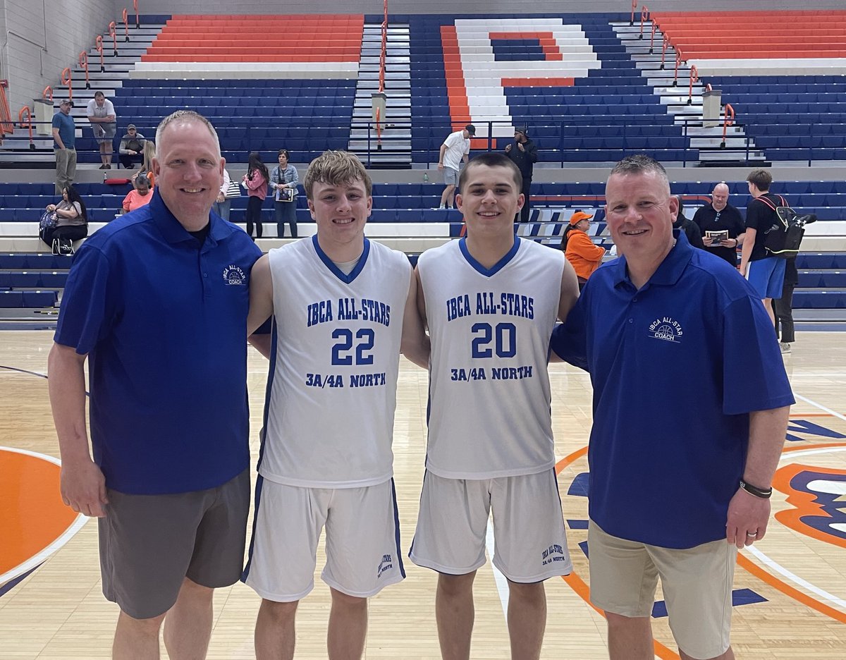 ibcacoaches's tweet image. Another highlight of our 2025 All-Star games was watching the father/son combinations compete in our final game of the day. Pictured below (R-L) our North 3-4 Head Coach Glenn Olson (Niles North) with son Reid and Assistant Mike Reynold (DeKalb) with son Sean. Congrats to all!!