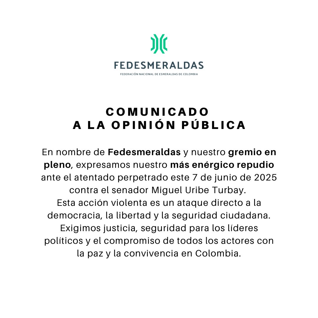 FEDESMERALDAS (@fedesmeraldas) on Twitter photo Comunicado de prensa: <a href="/Fedesmeraldas/">FEDESMERALDAS</a> rechaza contudentemente al atentado contra el senador Miguel Uribe Turbay.
#MiguelUribe Comunicado de prensa: <a href="/Fedesmeraldas/">FEDESMERALDAS</a> rechaza contudentemente al atentado contra el senador Miguel Uribe Turbay.
#MiguelUribe