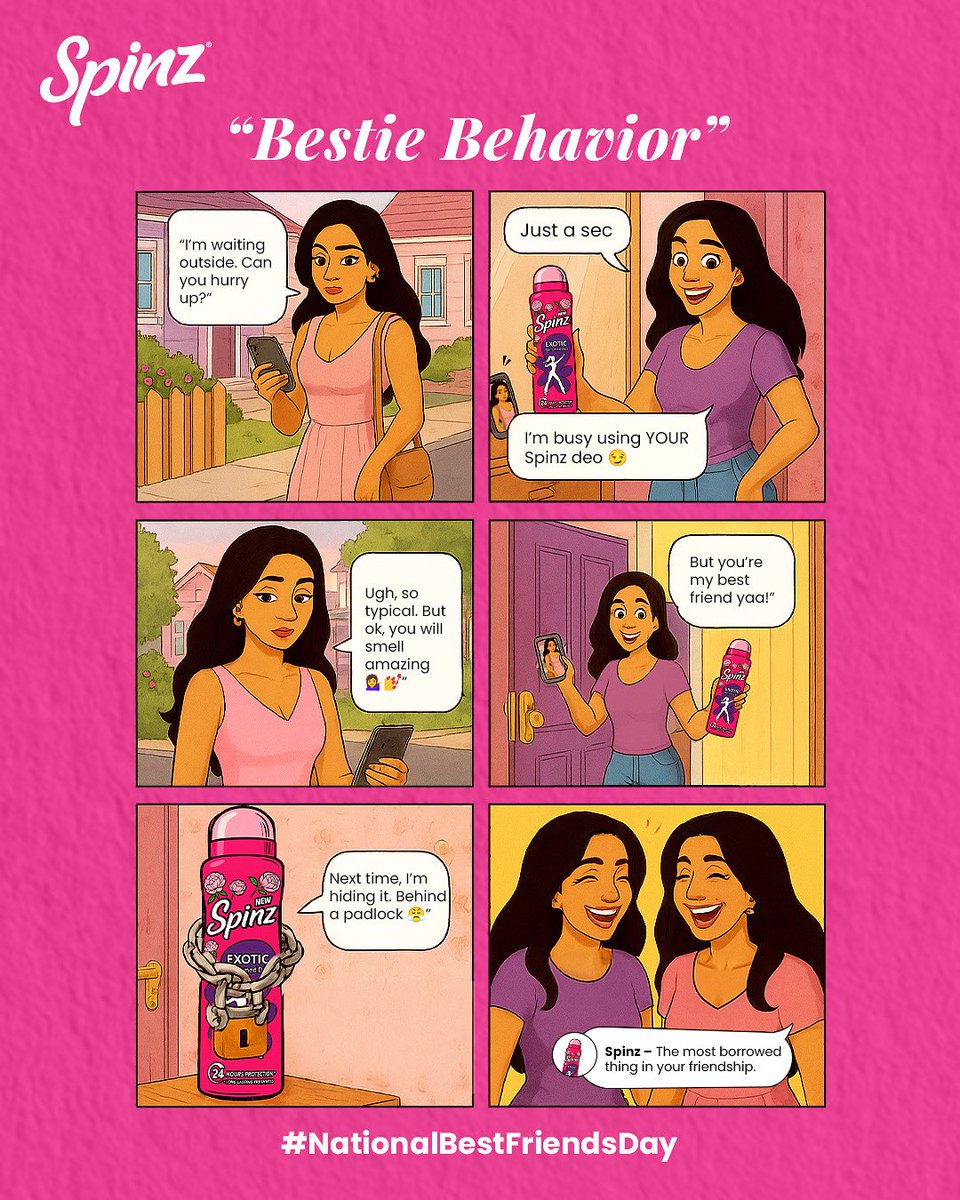 SpinzIndia's tweet image. Besties who steal your Spinz and your heart 🥹❤️
She “borrows” your deo like it’s hers, but smells so good, you can’t even be mad😅
Is your bestie the same? Tag her in the comments below!! 💅✨
.
.
.
.
#NationalBestFriendDay #Spinz #SpinzYourWorld #FragranceGoals #FreshAllDay