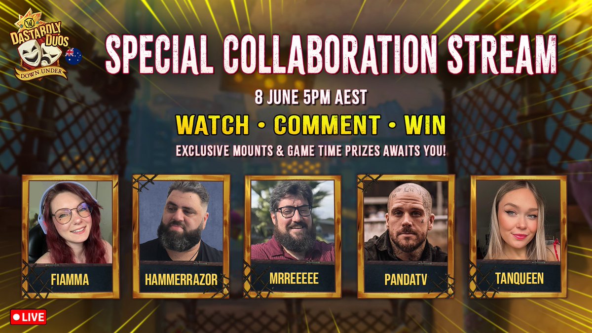 The Dastardly Duo event is on! Join your fave creators on the hunt &amp; score exclusive mounts during their streams! ⚔️

🏹 twitch.tv/fiamma
⚒️ twitch.tv/hammerrazor
⚔️ twitch.tv/mrreeeee
🐼 twitch.tv/pandatv
🗡️ twitch.tv/tanqueen

Tune in and win! 🎁