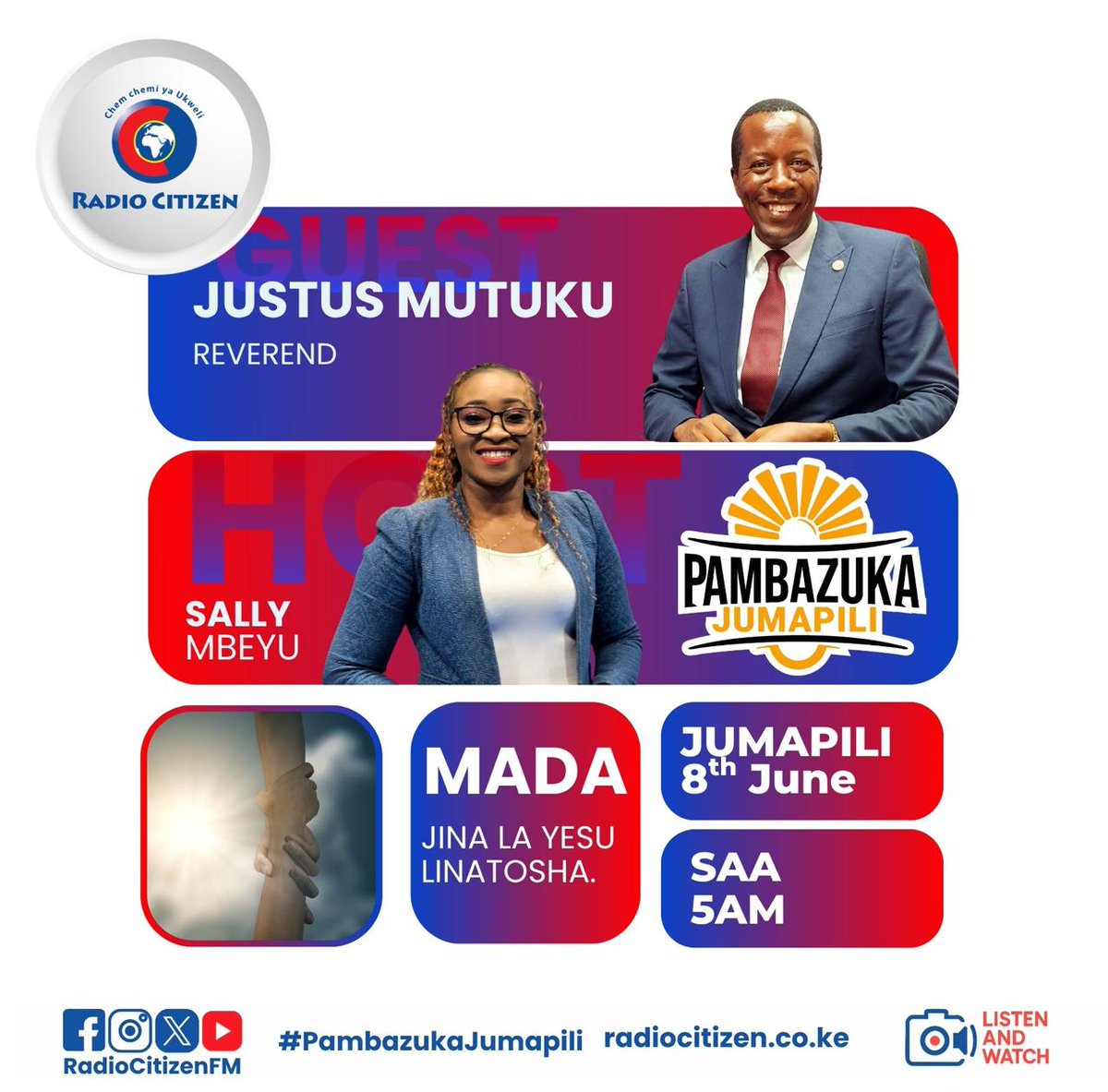 Radio Citizen (@radiocitizenfm) on Twitter photo Ni wakati wa neno.
Kaa mkao wa kupokea. Rev Justus Mutuku yuko tayati kwa ajili yako.
#PambazukaJumapili na <a href="/Sally_Mbeyu/">Sally Mbeyu</a>
#RadioNumberOne Ni wakati wa neno.
Kaa mkao wa kupokea. Rev Justus Mutuku yuko tayati kwa ajili yako.
#PambazukaJumapili na <a href="/Sally_Mbeyu/">Sally Mbeyu</a>
#RadioNumberOne