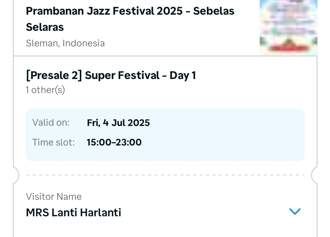 WTS 1 Tiket Super Festival Day 1 atas nama sendiri. Jual karena upgrade tiket. 

Just DM me if you interested