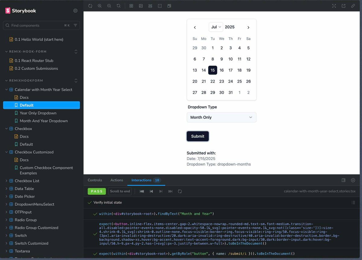 _jakeCodes's tweet image. Good weekend win, already got the new @shadcn calendar blocks integrated with my React Router form library built on the Remix Hook Form by @forge42dev