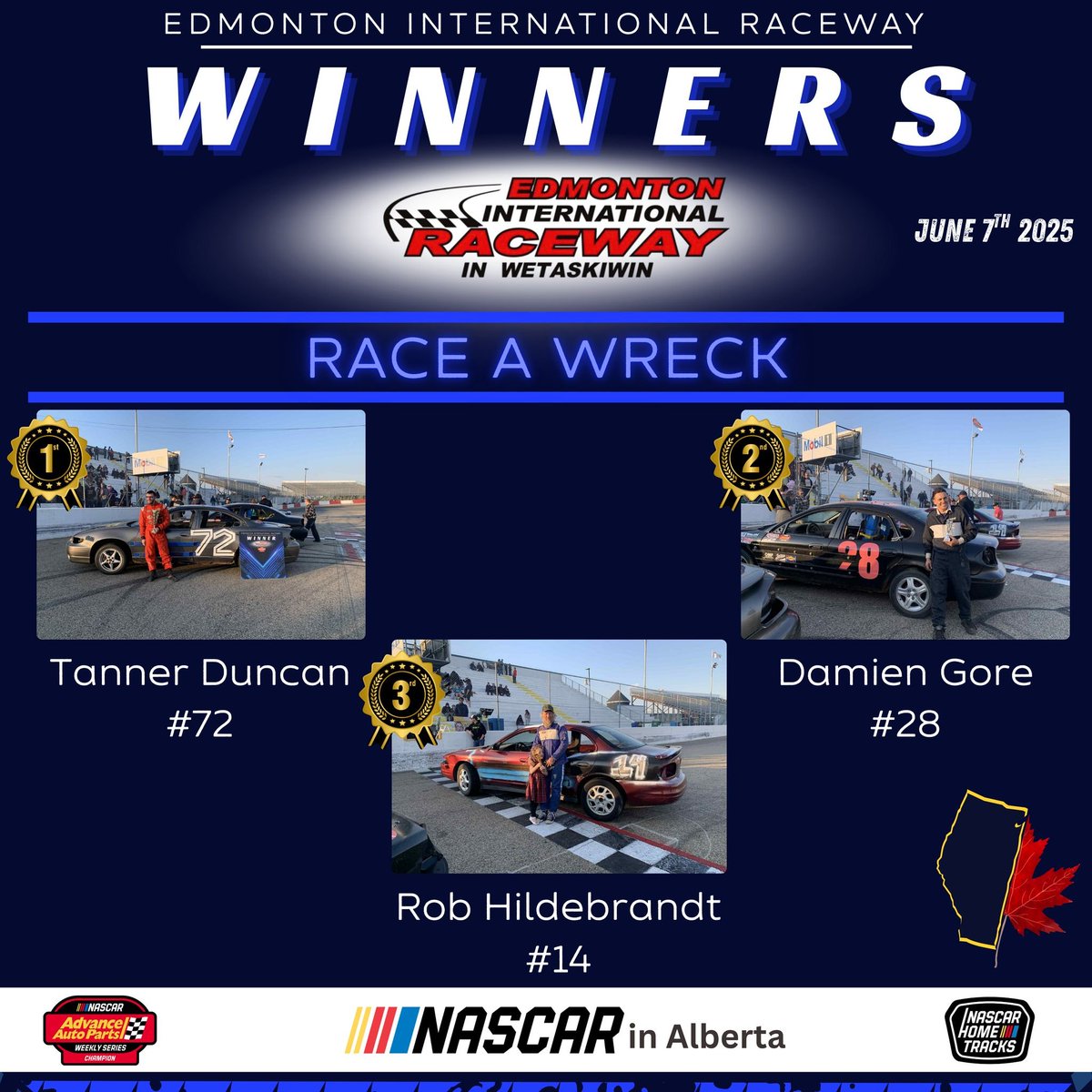 Congratulations to our winners tonight! A big thank you to our fans, our racers for putting on an excellent show, and to Homeward Hound Association for 50/50!
#NASCAR #edmonton #EdmontonEvents #superstock #enduro