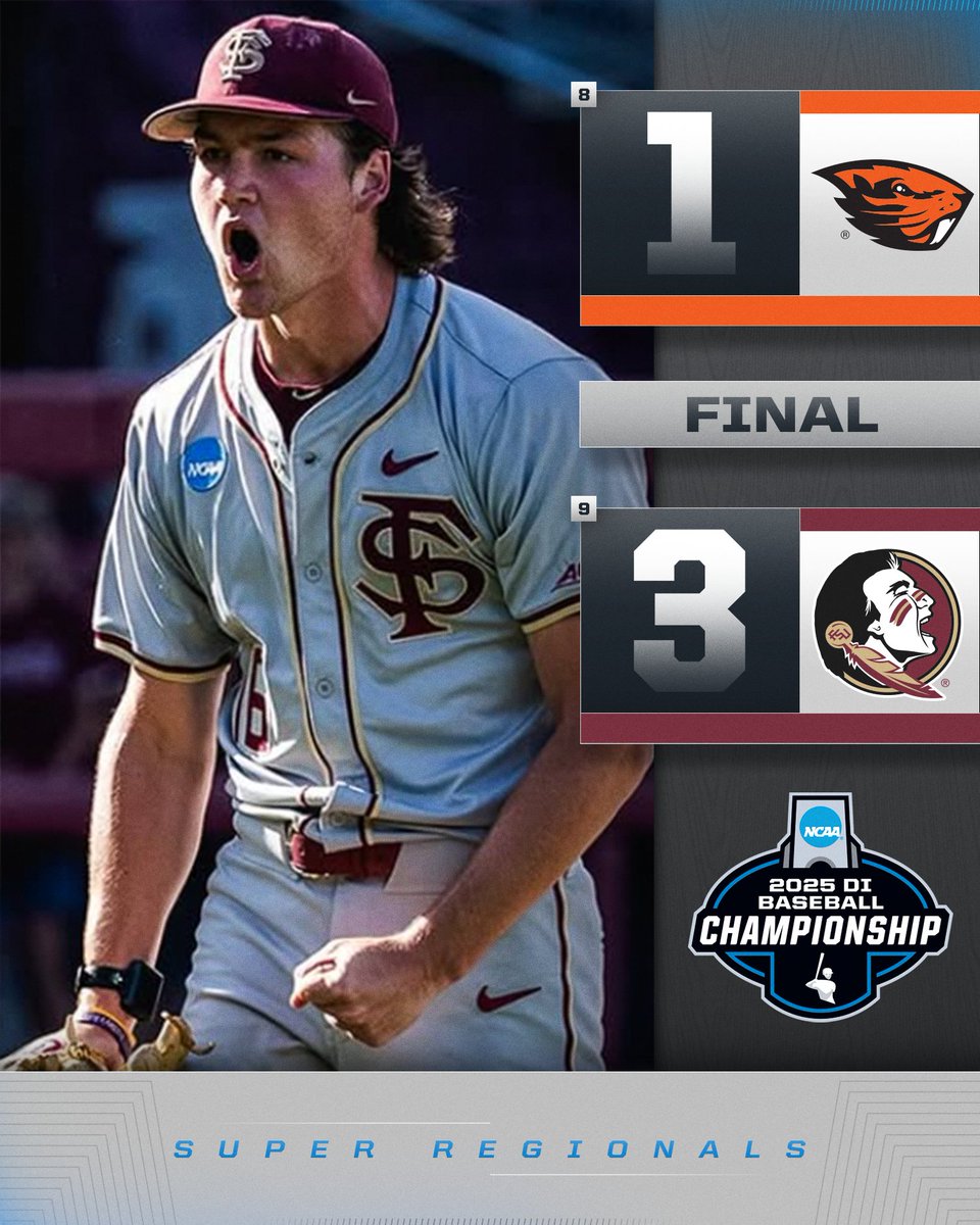 SEMINOLES FORCE GAME 3 🍢

(9) <a href="/FSUBaseball/">FSU Baseball</a>  defeats (8) Oregon State, 3-1, to force Game 3 of the series.

#RoadToOmaha