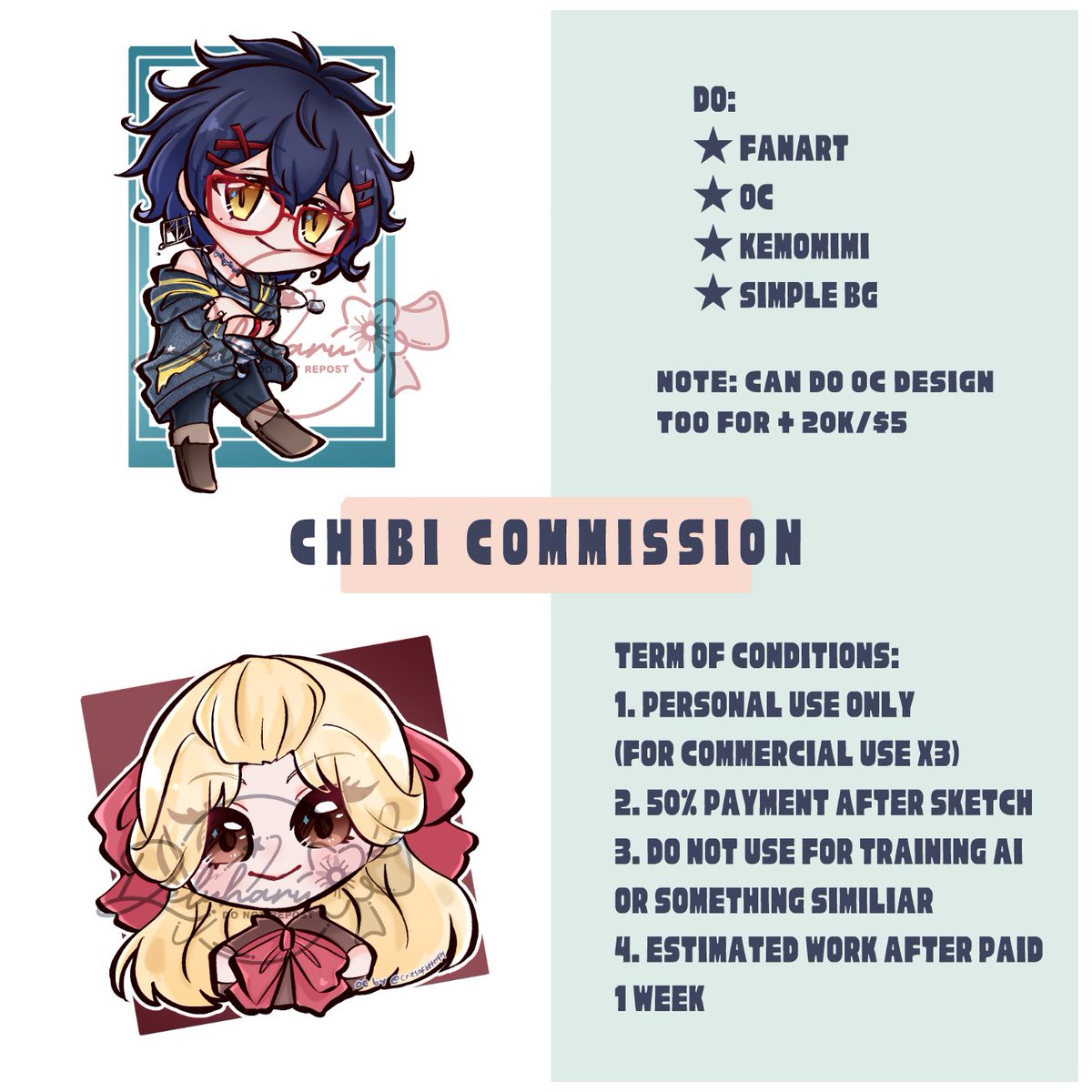 Chibi commission open✨

[RT and Likes are appreciated~]

Hello im opening commission for chibi
If you interested you can dm me ✨
You can find me at my another acc too
@/anmitsude @/boorenji17

Thank you~ 

#commissionopen #zonakaryaid #artidn