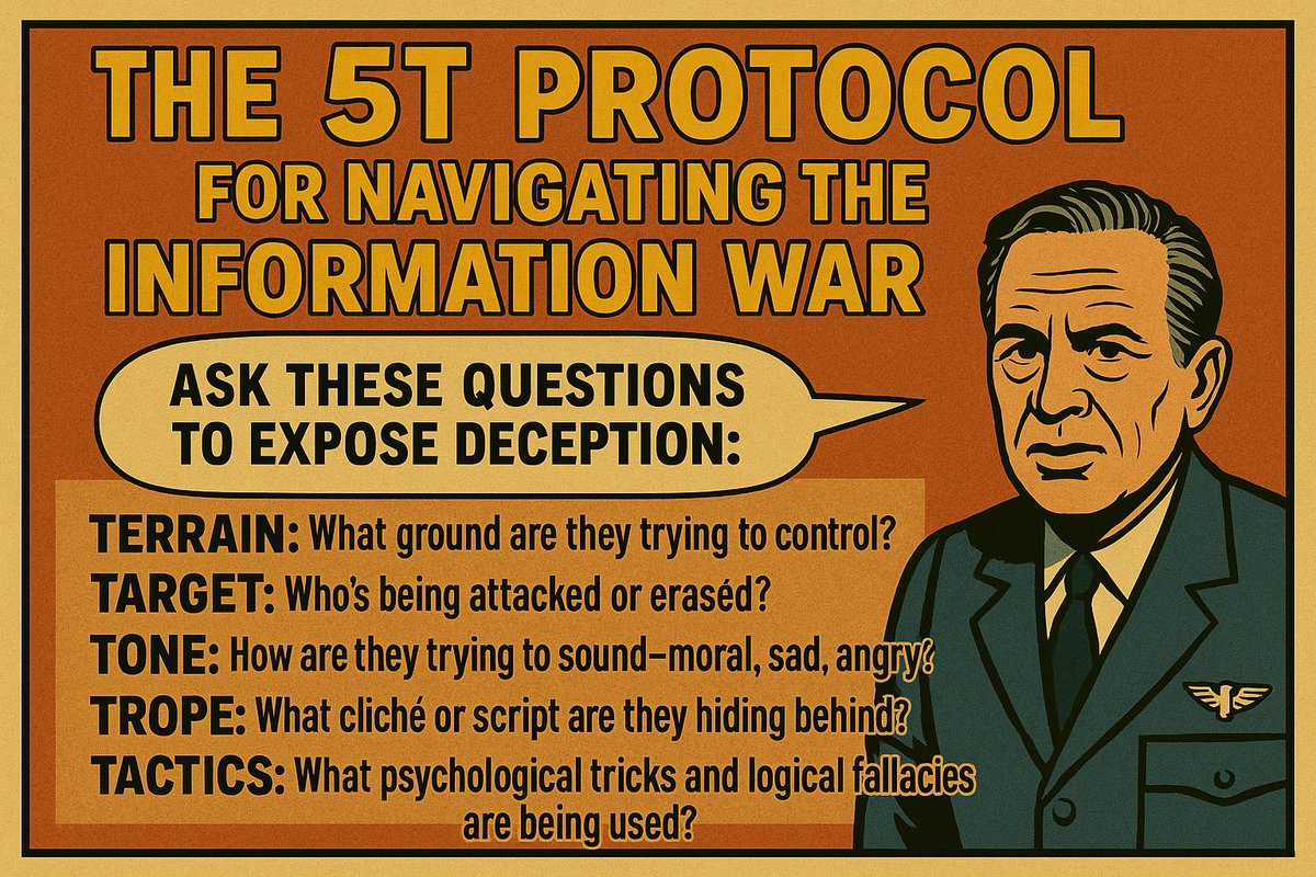 They don’t censor facts. They censor frames.

The 5T Protocol wasn’t built to debate.
It was built to detect, disrupt, and dominate information warfare.

If you don’t know the Terrain, Targeting, Tone, Trope, and Tactics, you’re not resisting. 
You’re reacting.

Learn 5T. 
Or