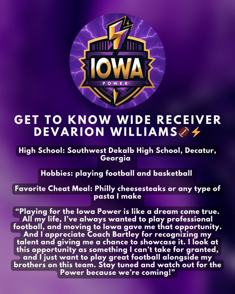 Iowa_Power's tweet image. Meet Devarion — your next reason to get loud in the stands! ⚡️
#IowaPower #FanFocused #ArenaFootball #IndoorSupport #GridironStar #PowerFans #MeetThePlayer