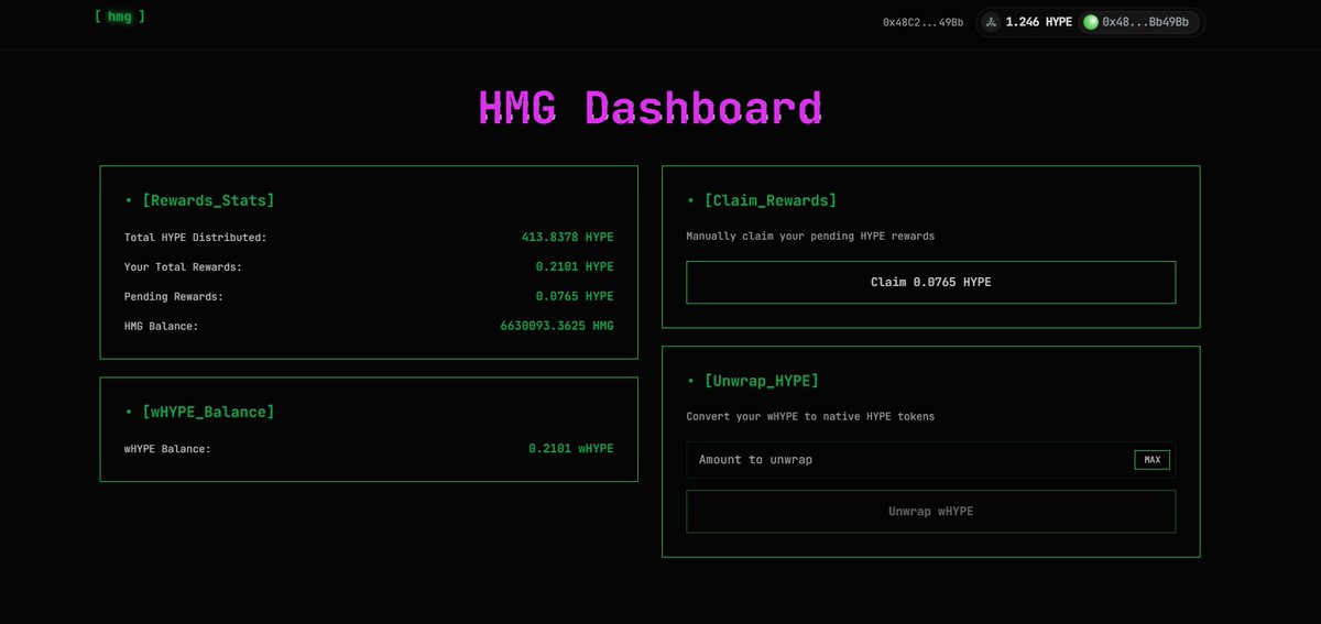 View stats, claim rewards, and unwrap $HYPE on our dApp V1!

hmg.money/app/

0xadBECF48Aa3BBc1ED001A20AcBC890a49153E436