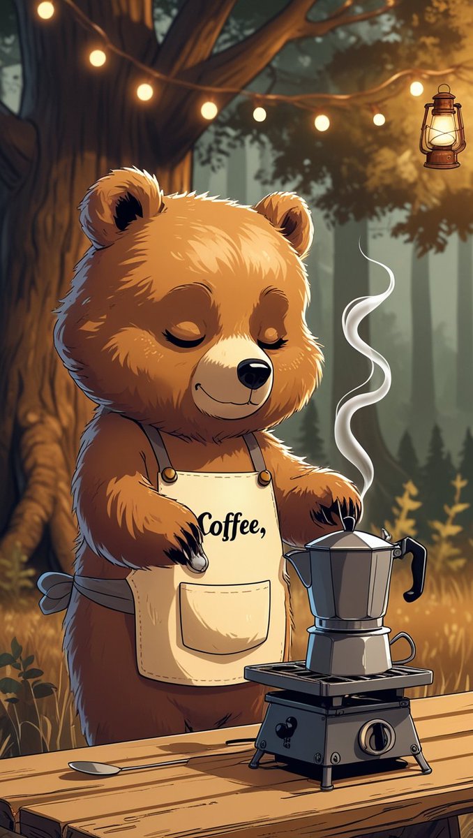 Good morning dear ones ☕ May your day start as warmly and peacefully as this bear’s forest brew 🌲✨