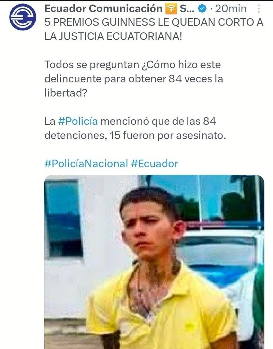 A pesar de que, el secuestrador asesino ha tenido 84 detenciones, 15 de ellas acusado de asesinato. Cómo pueden seguir llamando jueces a los cómplices de estos despiadados asesinos? <a href="/DanielNoboaOk/">Daniel Noboa Azin</a> <a href="/FiscaliaEcuador/">Fiscalía Ecuador</a> @NielsOlsenP  <a href="/GaloLaraY/">Galo Lara Y.</a> <a href="/santiagobecdach/">Santiago Becdach</a>