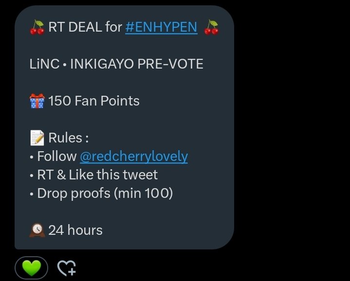 Zieye Yang (@zieye_) on Twitter photo 🍒 RT DEAL for #ENHYPEN 🍒
LiNC • INKIGAYO PRE-VOTE
🎁 150 Fan Points
📝 Rules :
• Follow <a href="/redcherrylovely/">Red Cherry | SELL KPOP VOTES</a>
• RT & Like this tweet
• Drop proofs (min 100)
🕰️ 24 hours 🍒 RT DEAL for #ENHYPEN 🍒
LiNC • INKIGAYO PRE-VOTE
🎁 150 Fan Points
📝 Rules :
• Follow <a href="/redcherrylovely/">Red Cherry | SELL KPOP VOTES</a>
• RT & Like this tweet
• Drop proofs (min 100)
🕰️ 24 hours