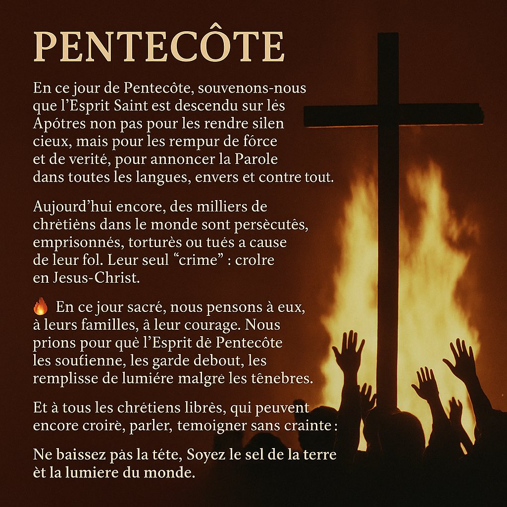 📜 Message de Pentecôte — ✝️🤍🌿. 

👉🏼En ce jour de Pentecôte, souvenons-nous que l’Esprit Saint est descendu sur les Apôtres non pas pour les rendre silencieux, mais pour les remplir de force et de vérité, pour annoncer la Parole dans toutes les langues, envers et contre tout.