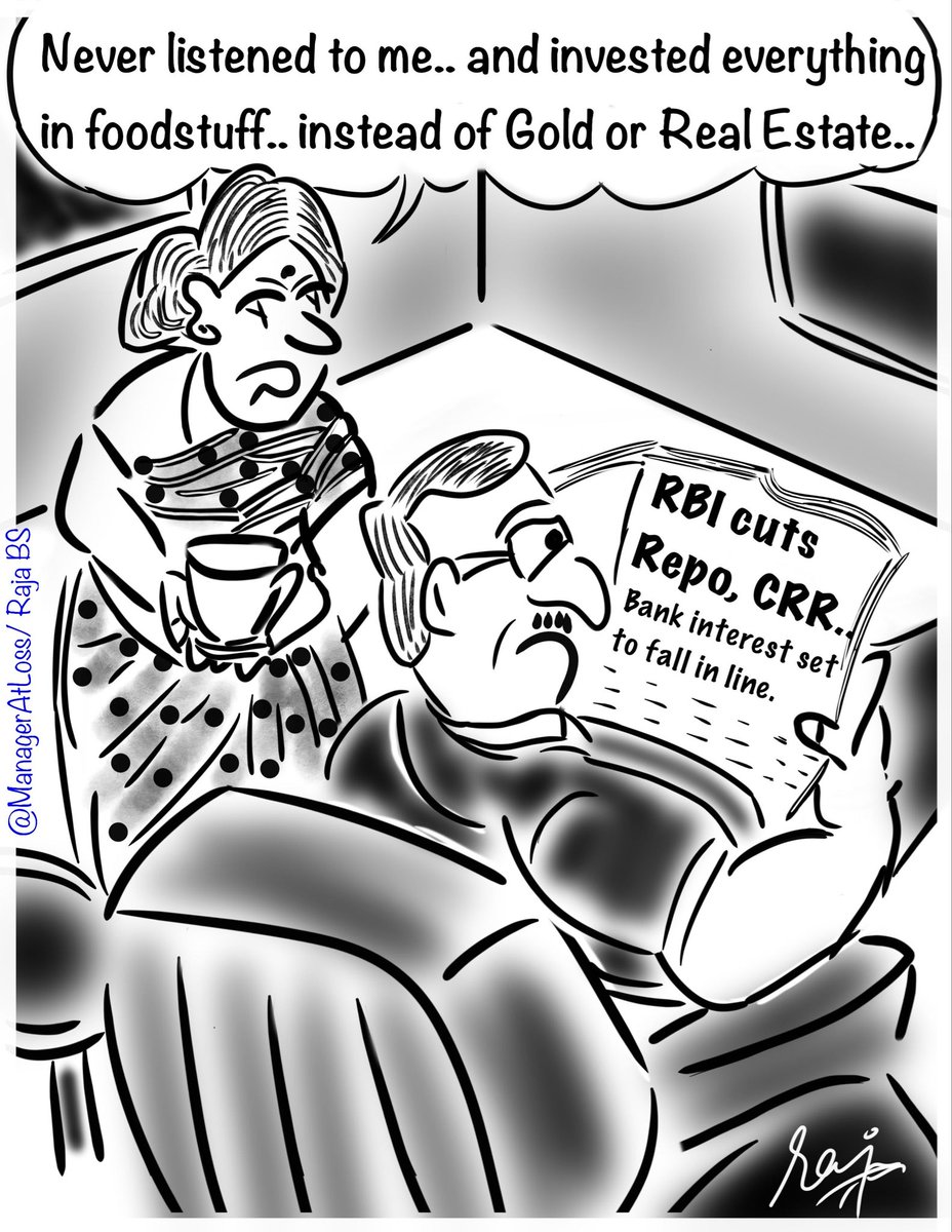 ManagerAtLOSS's tweet image. A week end #cartoon on RBI’s #MonetaryPolicy induced comments by FMs@Home..
With cuts in both #CRR, #Repo the interest rates are set to fall, making loans cheaper &amp;amp; deposits interest dependent citizens’ life little more difficult .. while banks will strive to strike a balance.