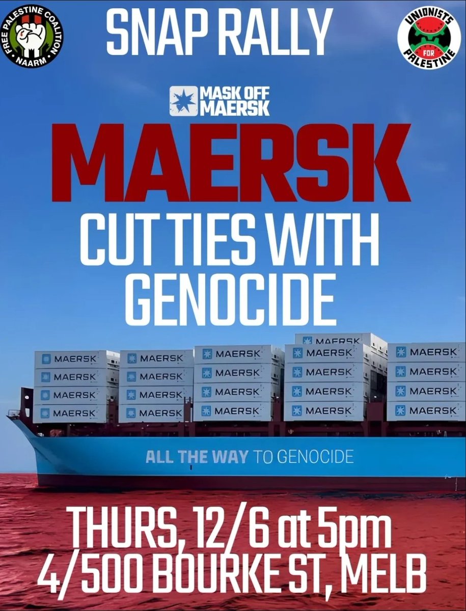 Next up: snap rally against shipping giant Maersk, which even now is sending weapons to Israel

This Thursday, level 4/500 Bourke St, Melbourne <a href="/freepcoalition/">Free Palestine Coalition Naarm</a> <a href="/unions4palestin/">UnionistsforPalestine</a>