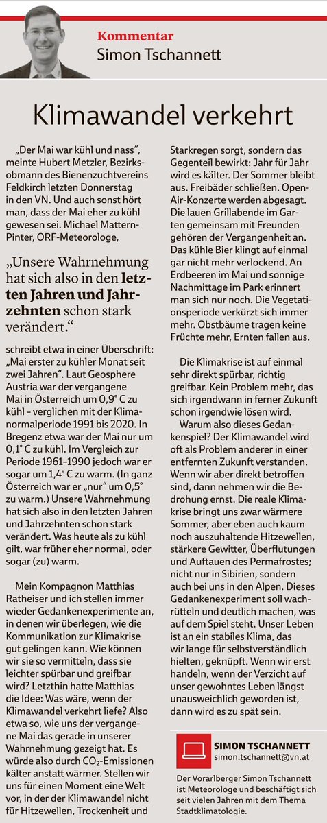 Klimawandel verkehrt 

🌍 Was wäre, wenn es durch den #Klimawandel nicht wärmer, sondern kälter würde?

🚫 Kein #Sommer mehr. 🍻 Keine Grillabende. 🍓 Erdbeeren nur noch Erinnerung.

Ein Gedankenexperiment in meiner #Kolumne in den VN. 

Auf was könntest du nicht verzichten?