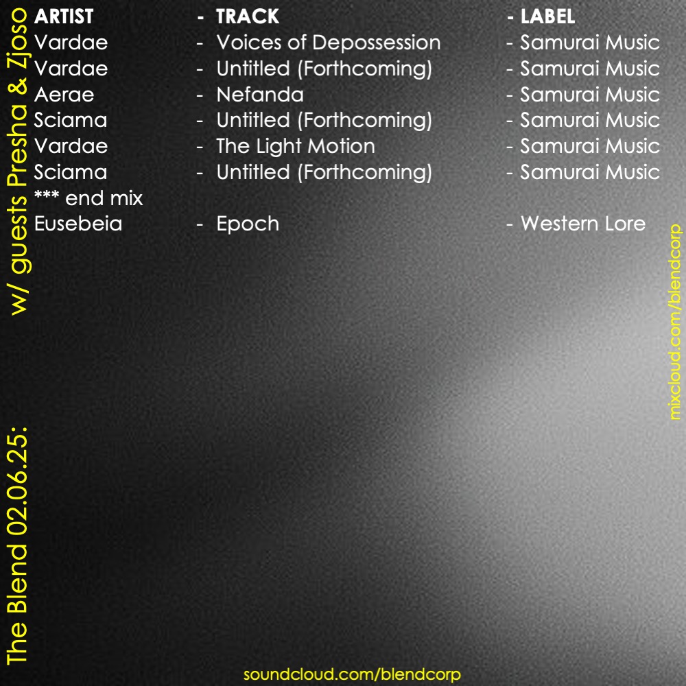 blendcorp's tweet photo. The Blend trax via PBS 106.7FM:

w/ guests @preshasamurai (Samurai Music) &amp; Zjoso (Tribqu)

+ new Outstraight, Verb T, Deft, Manni Dee, Alienationist, Lurka, NameBrandSound, Reek0, Djrum, Low End Activist, Commodo x Gantz, Dyslecta, Eusebeia

Listen back:
https://t.co/U9YqfxWbLH https://t.co/ngvWn5WKuu