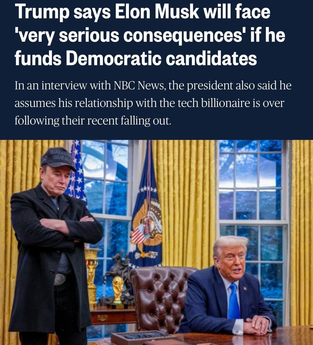据NBC新闻报道，特朗普表示，如果马斯克向民主党捐款，他将面临“非常严重的后果”。 总统还表示，他无意修复与马斯克的关系。当被问及他是否认为他与马斯克 的关系已经结束时，特朗普说：“是的，我认为是这样。”特朗普还表示，他近期没有计划与马斯克对话。“我太忙了，”他 ...