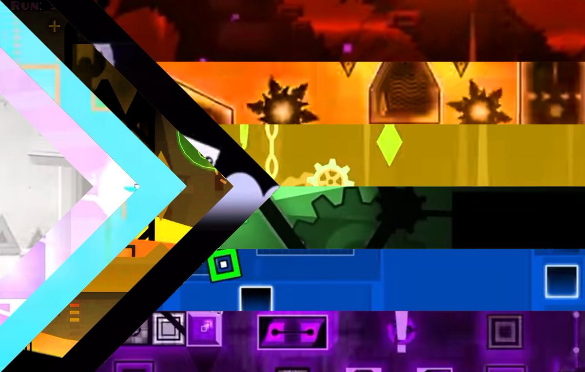 TheRedPlayerT's tweet image. oh hey look its the pride flag but all of the colors are unedited (or slightly edited) main demon list levels