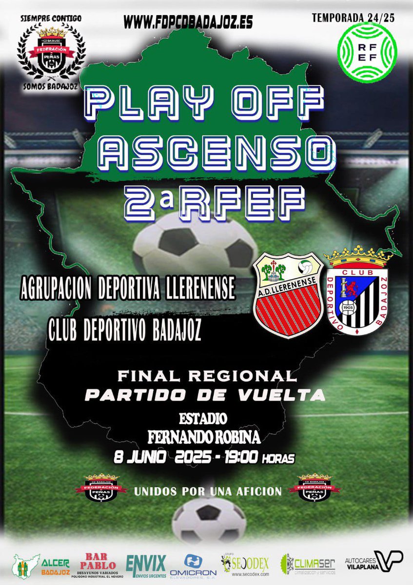 FEDERACIÓN DE PEÑAS DEL CD BADAJOZ (@fdp_cdb) on Twitter photo 🚨⚽ ᎻᎾᎽ ᎬᏕ ᎠłᎯ ᎠᎬ ᏰᎯᎠᎯ ⚽🚨
Una nueva final
Por todo lo sufrido,
hoy hay que dejarse el alma 🤍🖤
🚌🚌🚌 Los 500 de Llerena y los 100.000 de casa 📻📺
¡Que se oiga! 🗣️ Badajoz te quierooo 🎶
🕖 19:00 <a href="/adllerenenseof/">A.D. LLERENENSE</a> ⚔️ <a href="/CDBadajoz/">CD Badajoz</a>
#AupaCDB ⚪⚫ #SiempreContigo 🚨⚽ ᎻᎾᎽ ᎬᏕ ᎠłᎯ ᎠᎬ ᏰᎯᎠᎯ ⚽🚨
Una nueva final
Por todo lo sufrido,
hoy hay que dejarse el alma 🤍🖤
🚌🚌🚌 Los 500 de Llerena y los 100.000 de casa 📻📺
¡Que se oiga! 🗣️ Badajoz te quierooo 🎶
🕖 19:00 <a href="/adllerenenseof/">A.D. LLERENENSE</a> ⚔️ <a href="/CDBadajoz/">CD Badajoz</a>
#AupaCDB ⚪⚫ #SiempreContigo