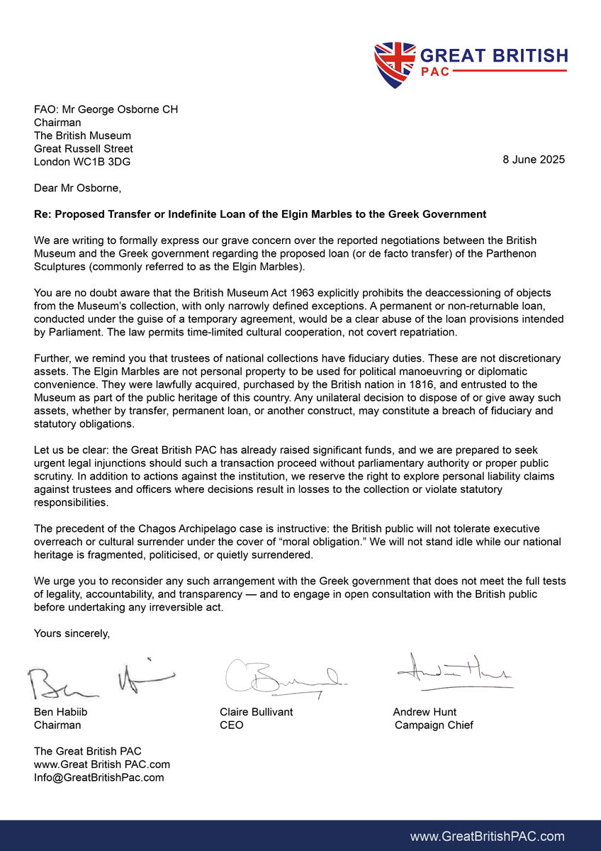 Great British PAC 🇬🇧 (@greatbritishpac) on Twitter photo 🚨 The <a href="/britishmuseum/">British Museum</a> and <a href="/George_Osborne/">George Osborne</a> are on notice: any covert transfer of the #ElginMarbles to Greece—loan or otherwise—may breach the law. Trustees are custodians, not owners. If they proceed, they risk personal liability. We are prepared to act. 🚨 The <a href="/britishmuseum/">British Museum</a> and <a href="/George_Osborne/">George Osborne</a> are on notice: any covert transfer of the #ElginMarbles to Greece—loan or otherwise—may breach the law. Trustees are custodians, not owners. If they proceed, they risk personal liability. We are prepared to act.