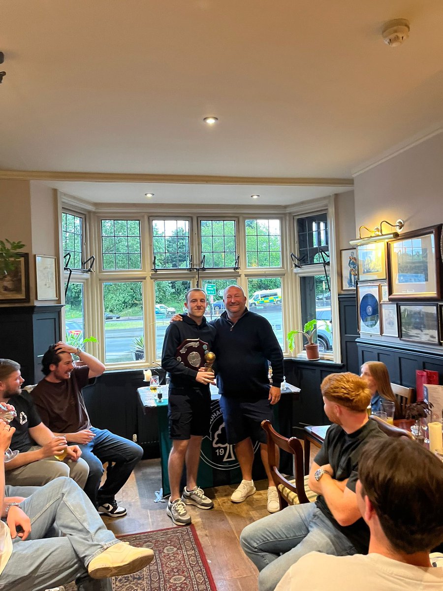 We celebrated a great season for the 1st team last night and had a few beers. Individual honours were shared out
Best Newcomer - Ted
Joint Top Scorers- Liam &amp; Fras
Managers Player - Shavo
Players Player - Barbs 
Well done lads 👏👏🏆💚🖤💚🖤🍺🍺🍺🍺
