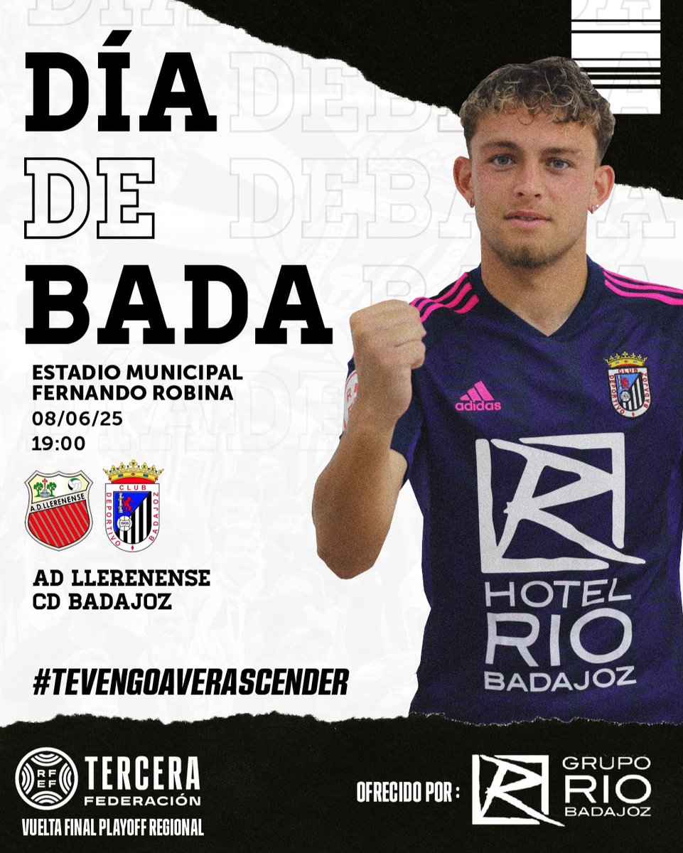 CD Badajoz (@cdbadajoz) on Twitter photo 𝑫𝑰́𝑨 𝑫𝑬 𝑩𝑨𝑫𝑨 🫡🤍🖤
🏨 Patrocinado por <a href="/gruporiobadajoz/">Grupo Río Badajoz</a>
🆚 AD Llerenense
⚔️ Vuelta Final Playoff Regional
🏟 Municipal Fernando Robina
📅 Domingo, 8 de junio
⌚️ 19:00
📺 <a href="/cextremadura/">Canal Extremadura</a>
📻 <a href="/cope_badajoz/">COPE Badajoz</a>
📡 <a href="/daniisoleto_/">Danielito</a>
#LlerenenseBadajoz #TeVengoaVerAscender 𝑫𝑰́𝑨 𝑫𝑬 𝑩𝑨𝑫𝑨 🫡🤍🖤
🏨 Patrocinado por <a href="/gruporiobadajoz/">Grupo Río Badajoz</a>
🆚 AD Llerenense
⚔️ Vuelta Final Playoff Regional
🏟 Municipal Fernando Robina
📅 Domingo, 8 de junio
⌚️ 19:00
📺 <a href="/cextremadura/">Canal Extremadura</a>
📻 <a href="/cope_badajoz/">COPE Badajoz</a>
📡 <a href="/daniisoleto_/">Danielito</a>
#LlerenenseBadajoz #TeVengoaVerAscender