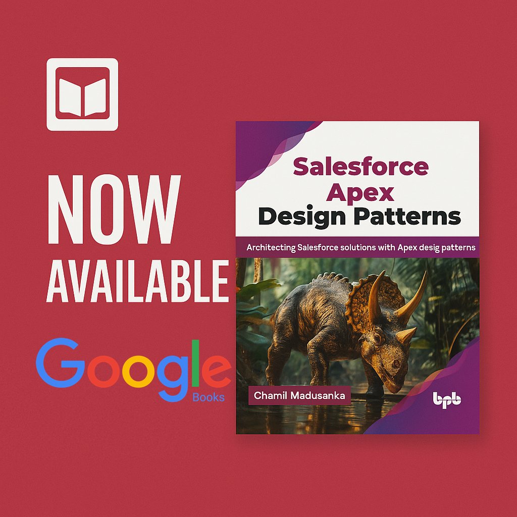 Chamil Madusanka ๐ฑ๐ฐ โ ๐ฑ๐ฐ (@chamilmadusanka) on Twitter photo ๐ Now on Google Books โ with Preview! ๐
โSalesforce Apex Design Patternsโ is live!
Preview chapters, explore scalable Apex solutions, and level up your Salesforce architecture.
๐ tinyurl.com/DesignPatternsโฆ
#SalesforceApex #GoogleBooks #ApexDesignPatterns
<a href="/SLSFOHANA/">Sri Lankan Salesforce Ohana</a> ๐ Now on Google Books โ with Preview! ๐
โSalesforce Apex Design Patternsโ is live!
Preview chapters, explore scalable Apex solutions, and level up your Salesforce architecture.
๐ tinyurl.com/DesignPatternsโฆ
#SalesforceApex #GoogleBooks #ApexDesignPatterns
<a href="/SLSFOHANA/">Sri Lankan Salesforce Ohana</a>