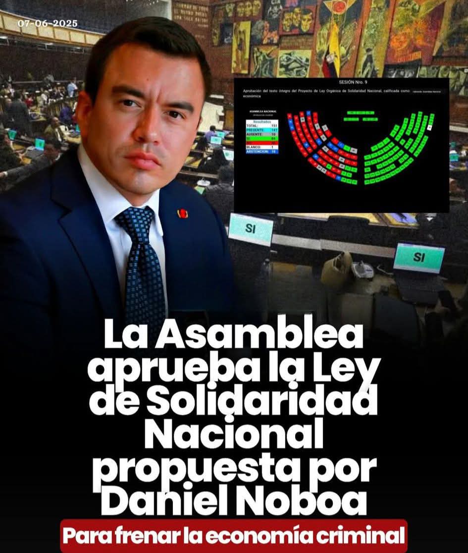 😱🔴 URGENTE| Con 84 votos, el Pleno de la <a href="/AsambleaEcuador/">Asamblea Nacional</a> aprobó el texto íntegro del Proyecto de Ley Orgánica de Solidaridad Nacional, proyecto enviado por el Presidente <a href="/DanielNoboaOk/">Daniel Noboa Azin</a> que busca combatir la economía de los grupos criminales.